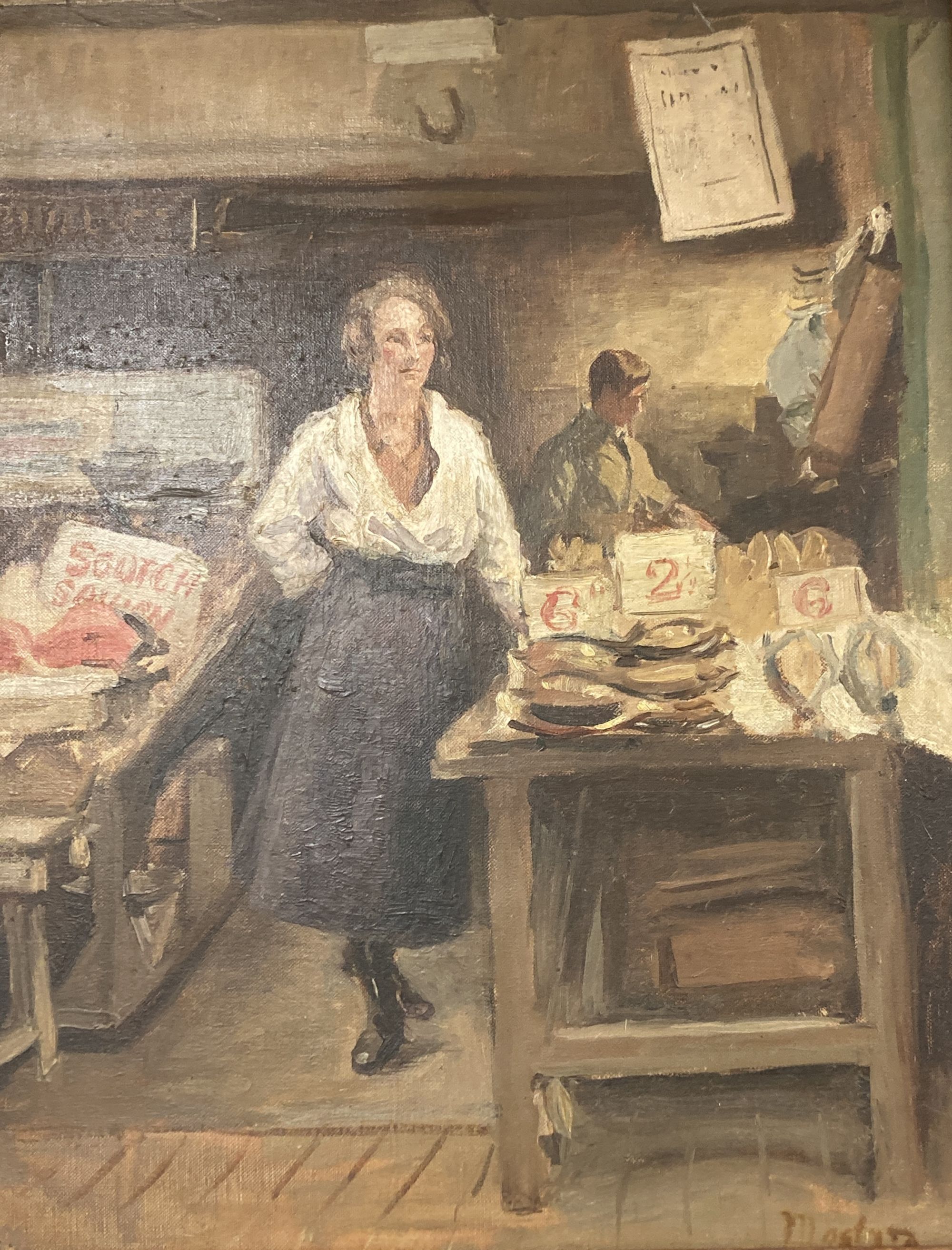 Mostyn, oil on canvas, Fishmongers Stall, signed, 45 x 35cm